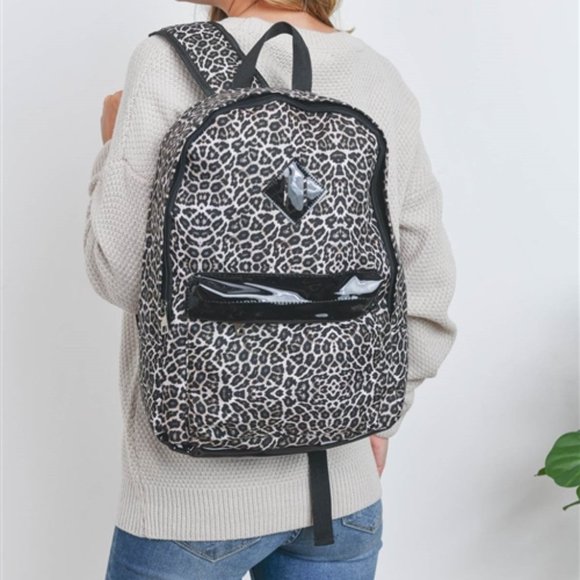 LEOPARD PRINTED NYLON BACK PACK NWT L:16" W:15" D:5" DL:29" animal print… - Picture 1 of 6